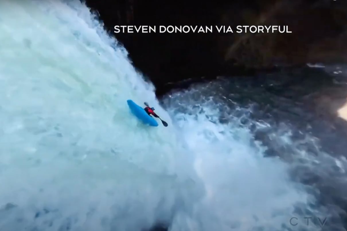 Extreme Kayaker Zach Mutton plunges over the nearly 100-ft Abiqua Falls in Oregon