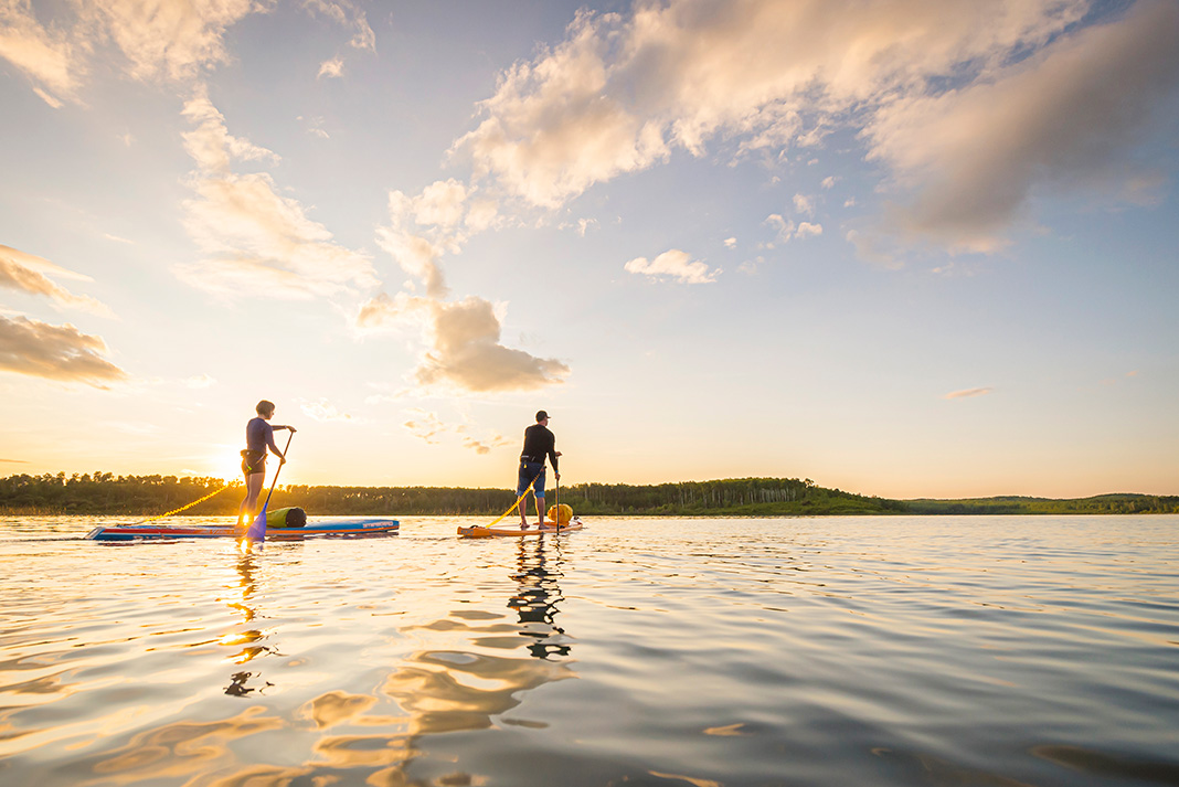 two people paddling on hard paddleboards at dawn