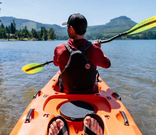 Editor Joe Potoczak sitting in the front of the Lekker Albatross tandem sit-on-top kayak