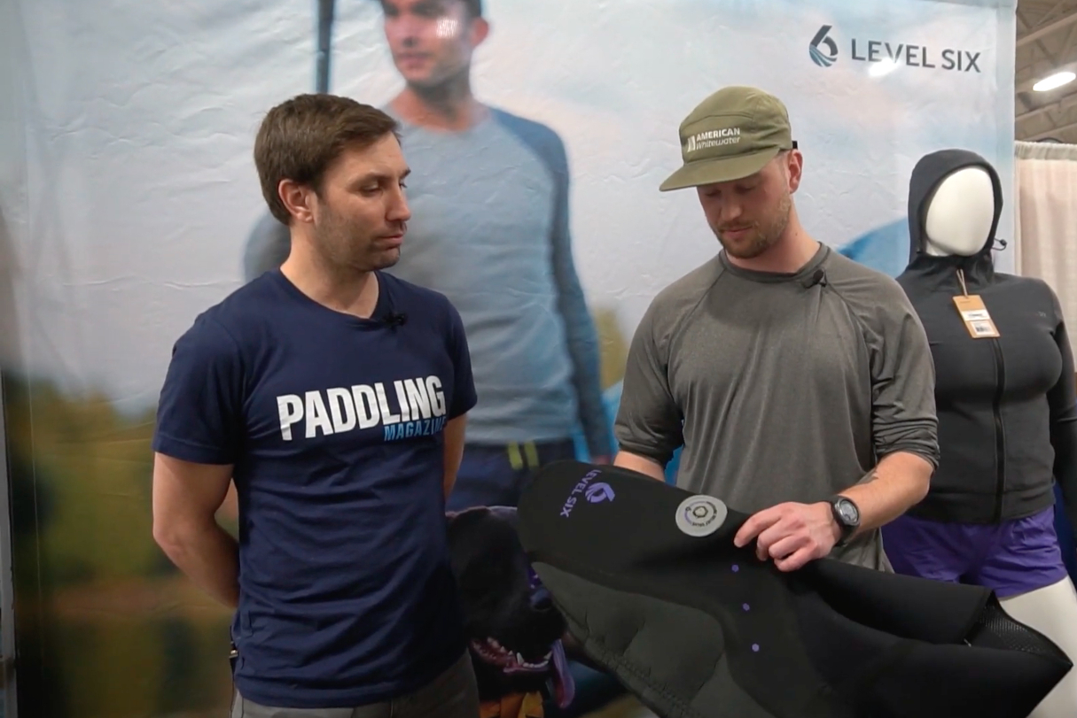 Our editor Joe Potoczak discusses the Level Six Class 6 sprayskirt with marketing manager Alex Lowman.