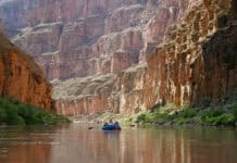 A raft on the Colorado River below Havasu Creek in Grand Canyon National Park