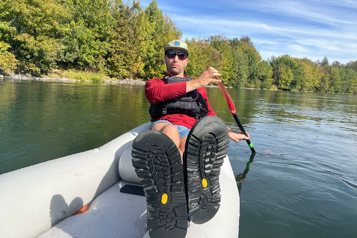 Paddling Magazine editor Joe Potoczak floats in an inflatable while wearing Chacos Z/1 Classic sandals for land and water activities.