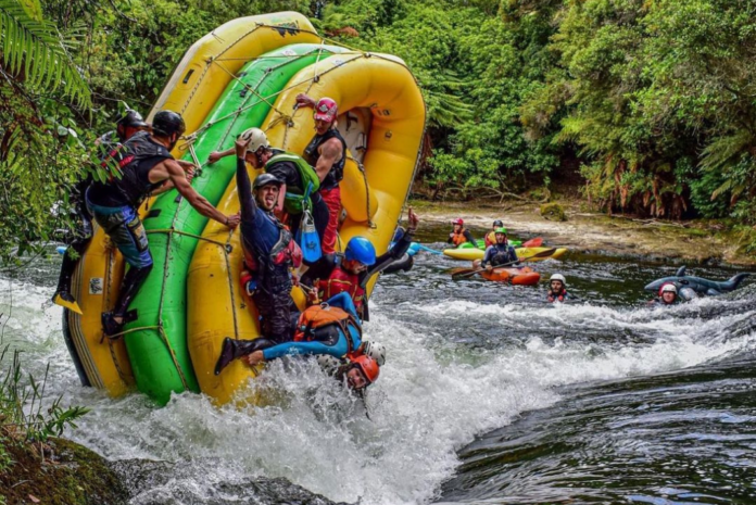 The triple stacked raft takes on the kaituna river